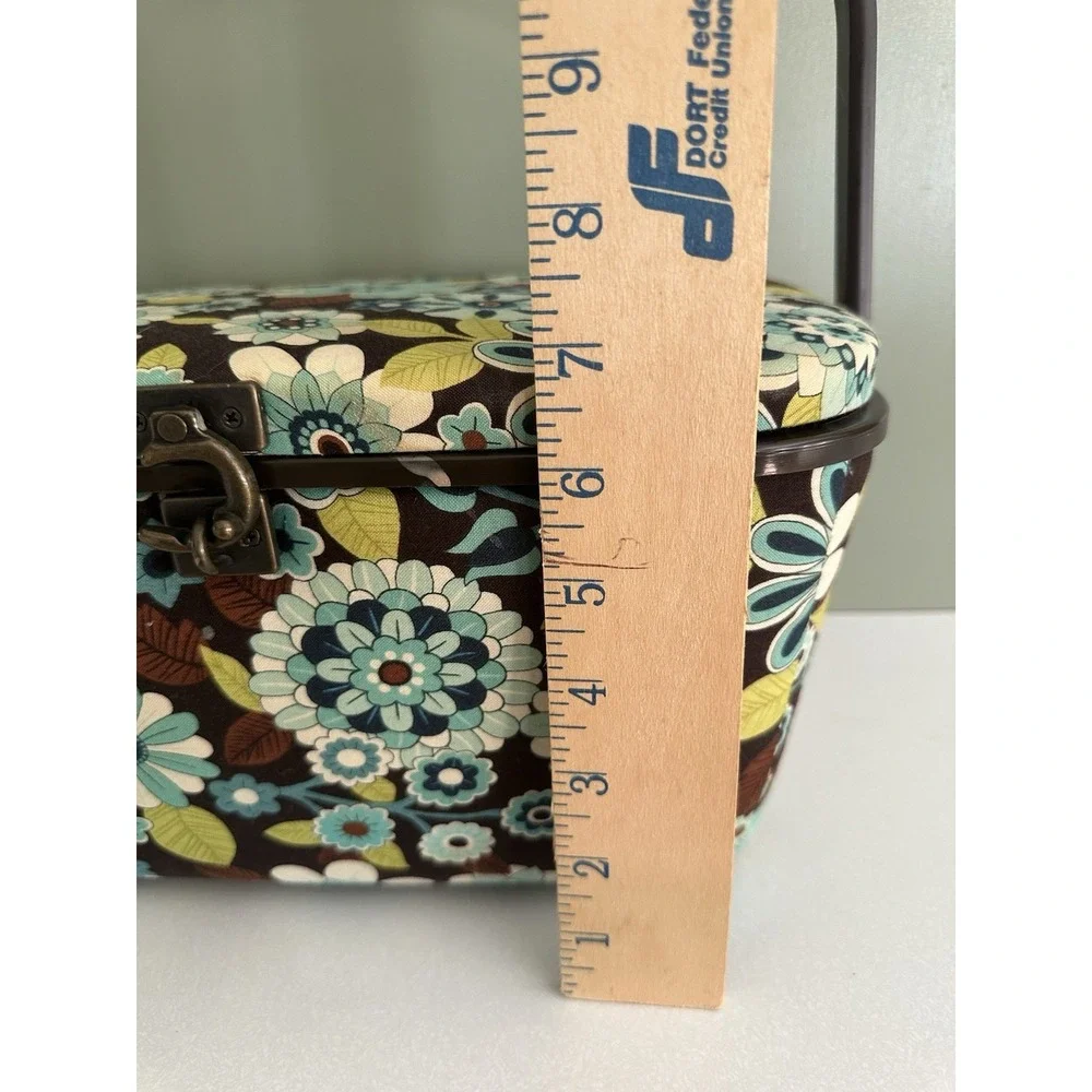 Vintage Dritz Sewing Box Basket Blue & Brown Floral Fabric With Tray Latch Retro